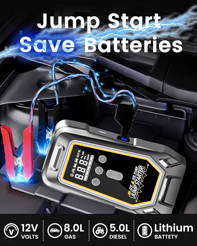 Jump Starter with Air Compressor,Portable Car Battery Booster (8.0 Gas/6.5L Diesel) with 150PSI Auto-Shutoff Tire Inflator,12V Supersafe Lithium Jump Box Car Battery Jumper Starter with LCD Display
