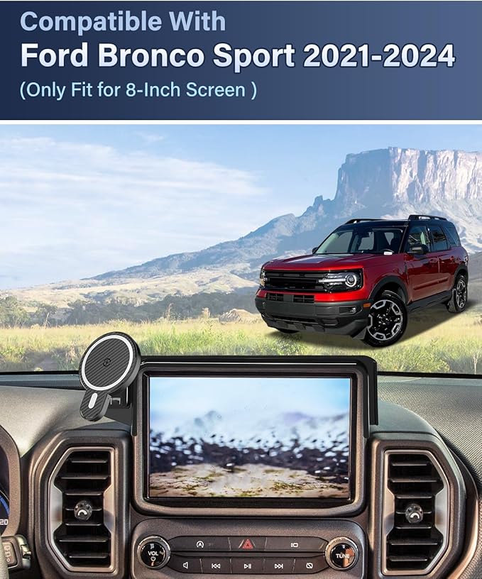 PZK Car Phone Holder for Ford Bronco Sport 2021 2022 2023 2024 Big Bend/Heritage/Outer Banks/Badlands Accessories 8-Inch Screen Fixed Clip Strong Magnetic 15W Fast Wireless Charger Car Phone Mount