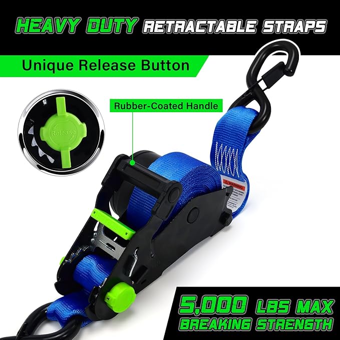 Retractable Ratchet Straps (2pk) -Patented | 1.5 in x 16 ft Heavy Duty Auto Ratchet Straps with Soft Loops | Perfect Automatic Tie Downs for Motorcycle,Kayak and Truck | Break Strength 5,000LBS/2268KG