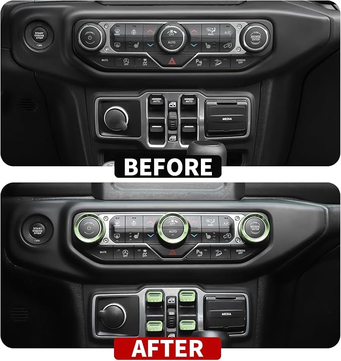JeCar JL Switch Button Covers Window Control Air Conditioner Headlight Volume Radio Knob Trims Interior Accessories Compatible with Jeep Wrangler JL JLU 2018-2026 & Gladiator JT 2020-2026, Green