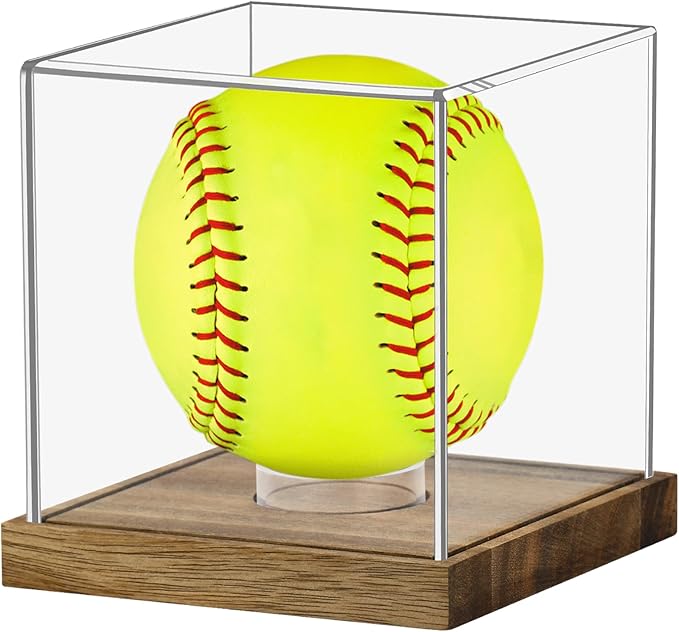 Hooqict Softball Display Case Clear Acrylic Ball Holder UV Protected with Wood Base Stand, Softball Case Display Box Championship Square Box for Golf Tennis Game Ball Baseball