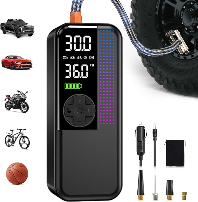 WEOLULI Tire Inflator Portable Air Compressor,150 PSI Cordless Air Pump, 12V DC Car Plug,Dual Power 10000mAh, Fast Inflation 24L/Min, 4 Preset Modes for Car, Bike, Motorcycle, Balls (Black, 10000mAh)