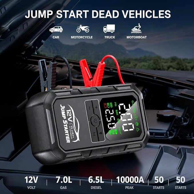 10-in-1 Car Battery Jump Starter with Air Compressor 10000A 160PSI Portable Car Jumper Starter (All Gas 12L Diesel), 12V Jump Box Car Battery Jump Starter Portable Jumper Cables, Lights (10000A)