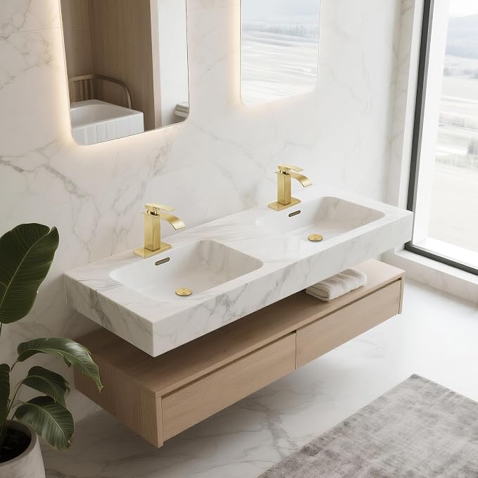 Brushed Gold Bathroom Faucets *2, Waterfall Bathroom Sink Faucet Modern Single Handle Bathroom Faucte 1 or 3 Hole, RV Mixer Tap Vanity Faucet - Includes Pop-up Drain