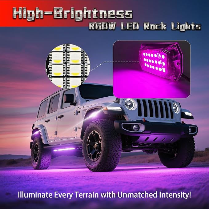 20 Pods Full Angle 230° RGBW LED Rock Lights, 6500K Pure Bright White RGB Rock Light IP68 Waterproof Multicolor Underbody Glow Kit for Semi Truck UTV Rv Boat 12V with Brake Music Sync APP/RF Control