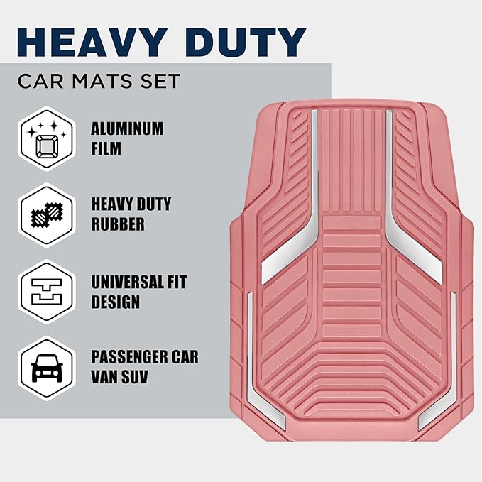 PIC AUTO Heavy Duty Pink Rubber Floor Mats, Silver Aluminum Film Car Mats Set, Front and Rear Car Mats with Anti-Slip Backing, All Weather Protection, Trim-to-Fit for Automotive SUV, Sedan, Van