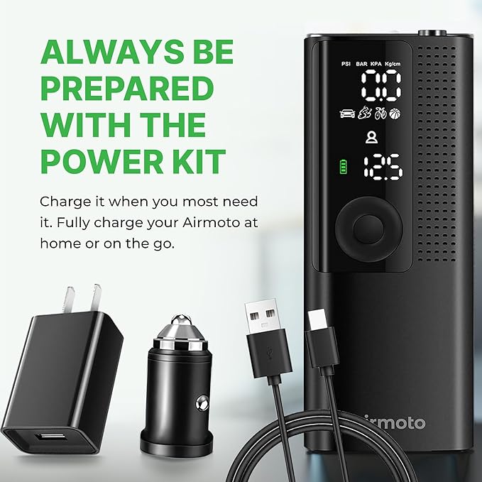 Airmoto and Power Kit Bundle Deal - 1 bundle - Tire Inflator Portable Air Compressor with Power Kit for Charging on The Road - Cordless Air Pump for Car Tires, Motorcycle, Bicycle, Balls