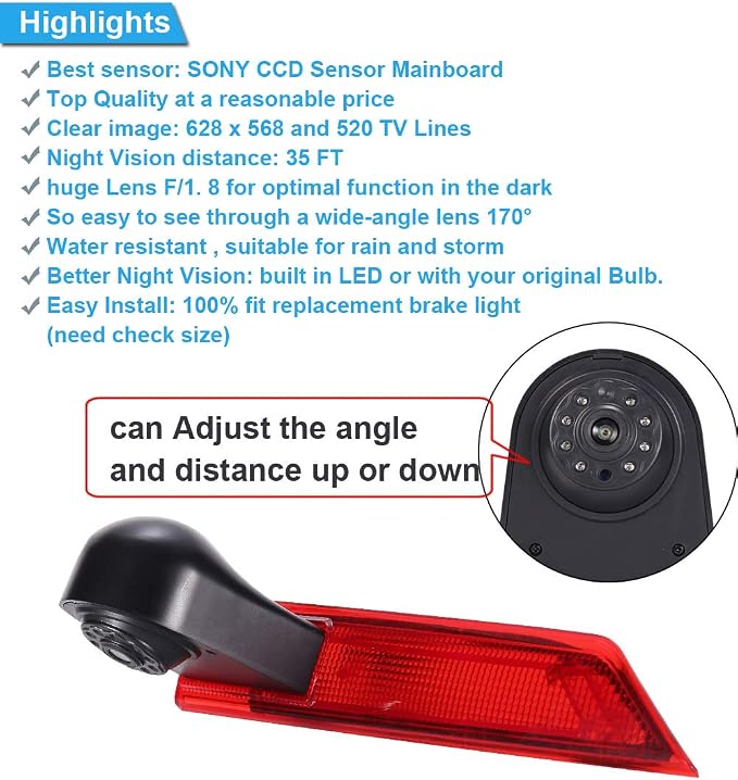 Car Third Roof Top Mount Brake Lamp Camera Brake Light Parking Camera Reverse Rear View Backup Camera for Ford Transit Custom 2012-2016