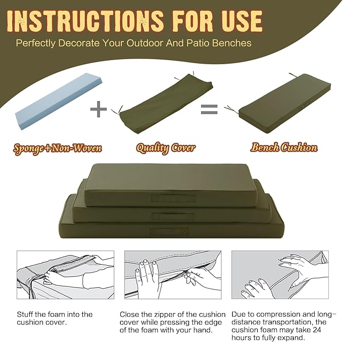 Outdoor Bench Cushion 4 inches Memory Foam Waterproof Patio Furniture Bench Cushion Porch Swing Cushion with Handle and Adjustable Strap, 48 x 18 Inch Sage Green