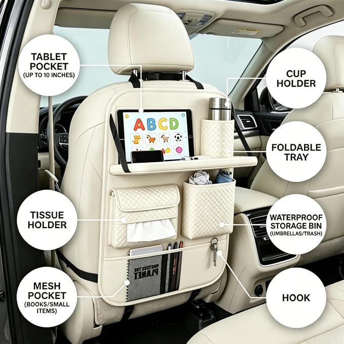 Premium PU Leather Car Seat Back Organizer with Foldable Tray & Transparent Touch Screen Tablet Pouch, Travel Accessories with Storage Bin, Cup Holder, Tissue Pocket, Hook, Fit SUV Sedan Truck (Beige)