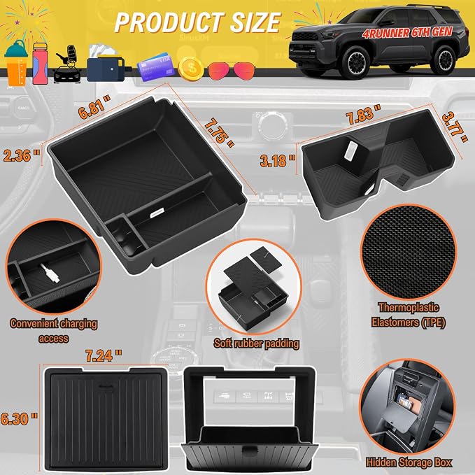 3Pcs Center Console Organizer Compatible with Toyota 4runner 6th Gen 2025 2026 Interior Accessories - Center Console Tray and Cup Holder Liner Insert & Armrest Hidden Compartment Storage Box