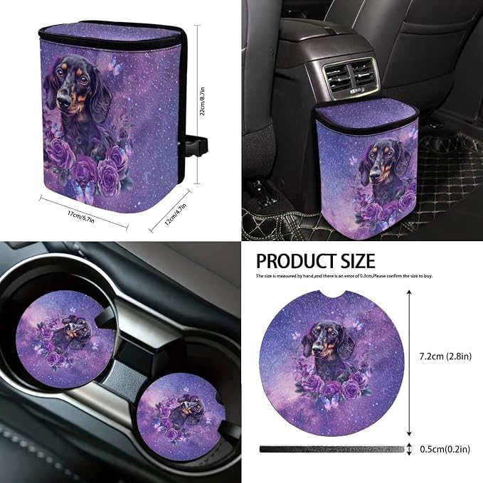 Suobstales Galaxy Dachshund Flower Print Car Accessories Set of 13 Auto Seat Protectors Cover with Seat Belt Cover,Trash Can,Steering Wheel Cover,Rearview Mirror Cover,Keychains and Cup Holders