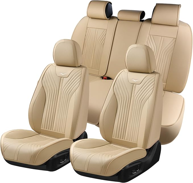 FLORICH Car Seat Covers Full Set Leather Front and Rear Seat Covers Luxury Automotive Car Seat Cover Car Seat Cushion Seat Protector Universal Fit for Most Cars Trucks SUV, Beige