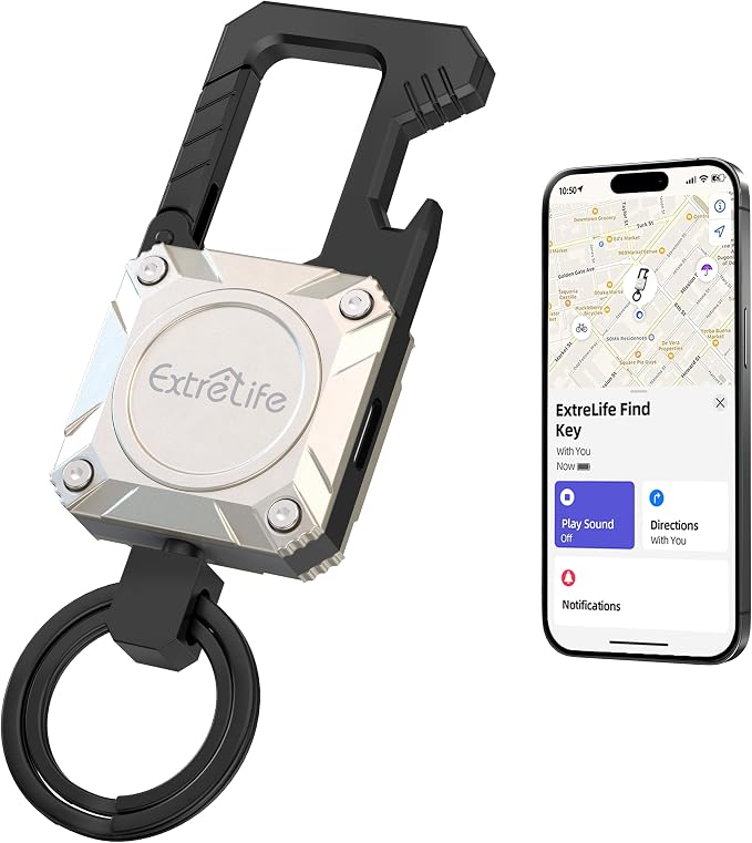 ExtreLife Keychain, Works with Apple Find My, Bottle Opener, Carabiner Car Key Chains with Gps Tracker