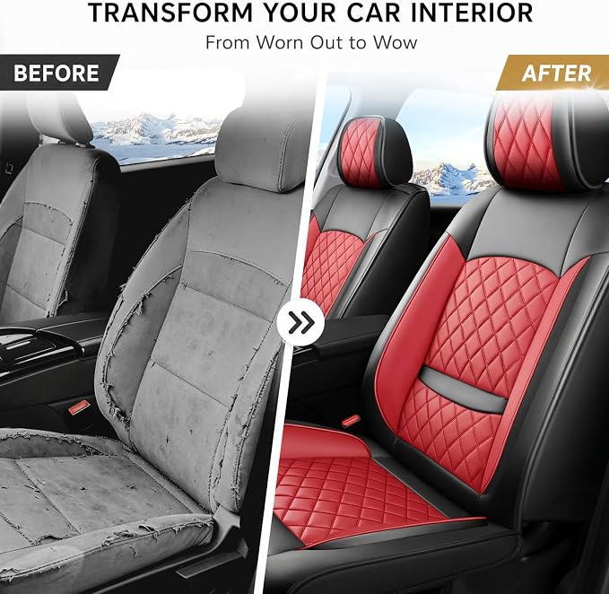 Fit Edge Car Seat Covers for Ford Edge 2007-2025 2026 - Luxury Leather, Anti-Slip, All-Weather, Waterproof & Breathable, Airbag Compatible, 2 Front Seats Only (Red)