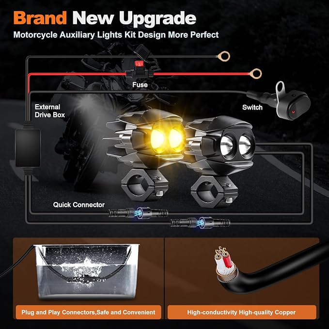 Motorcycle Driving Lights Kit,LEDMIRCY LED Luces Exploradoras Para Moto with Switch Wiring Harness Auxiliary Spot Light 6Modes White/Amber Strobe Offroad Fog Light with Memory Function IP68 Waterproof
