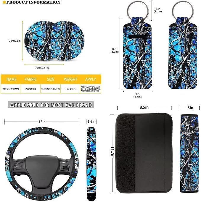 Blue Camo Oak Hunting 12Pc Car Seat Covers Full Set/Steering Wheel Covers/Seat Belt Pads/Key Chain/Coaster/Lipstick Holder Universal Auto Accessories Interior Protector Universal Fit