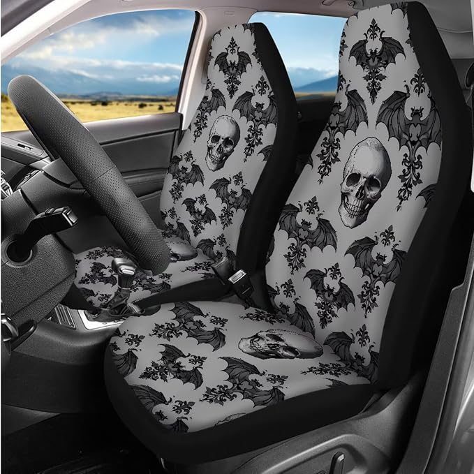Bulopur Gothic Skull Bat Print Car Seat Covers Front and Backseat with Steering Wheel Cover Vehicle Armrest Cover Seat Headrest Covers Keychain Auto Interior Accessories Set 14 Pieces