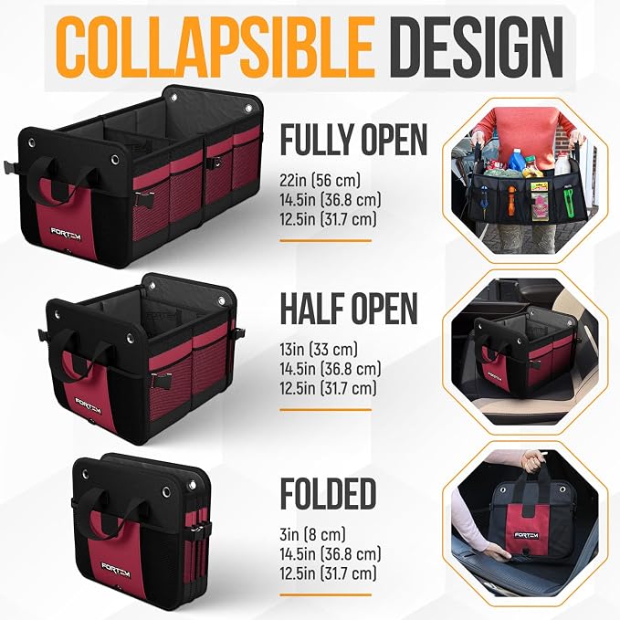 FORTEM Trunk Organizer For SUV Car Organizer and Storage, Collapsible Multi-Compartment Storage Bag Car Accessories for Women Men, 1680D Oxford, Non Slip Bottom, Adjustable Straps, Soft Cover (65L)