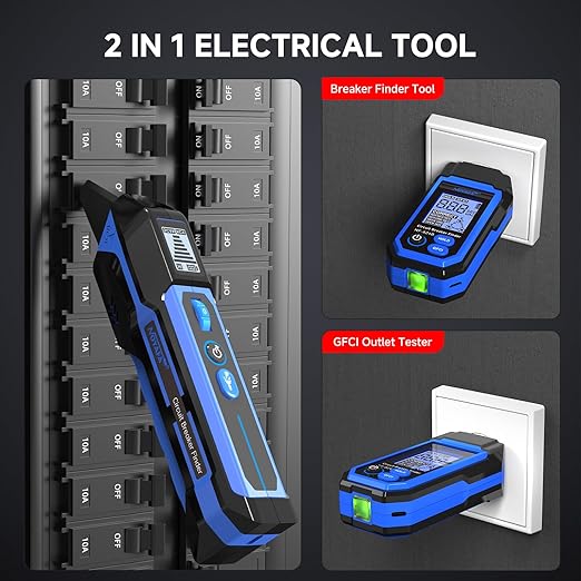 NOYAFA Rechargeable Circuit Breaker Finder with LCD Display & GFCI Outlet Tester, NCV AC Electrical Tester Circuit Tracer Flashlight, Includes Carrying Case and Adapters- NF-824B