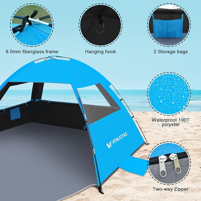 Venustas Beach Tent Sun Shelter for 3/4/6/8 Person, UPF 50+ UV Protection Beach Canopy, Lightweight and Easy Setup Cabana, Portable Shade Tent