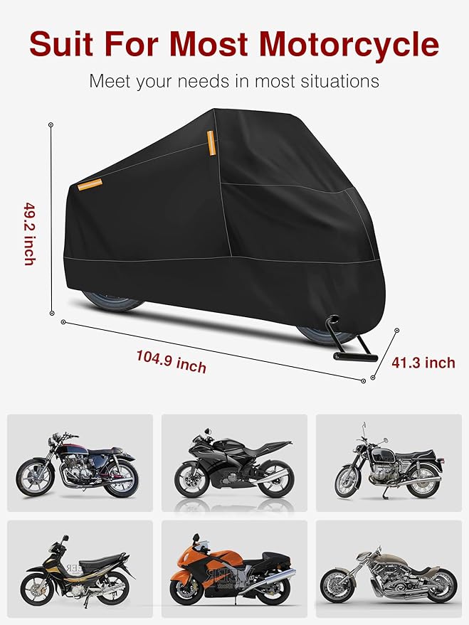 Puroma Motorcycle Cover Heavy Duty Scooter Cover Waterproof Outdoor All Season Universal Weather Quality Protection with Night Reflective, Lock Holes and Storage Bag Fits up to 105" Motorcycle Vehicle