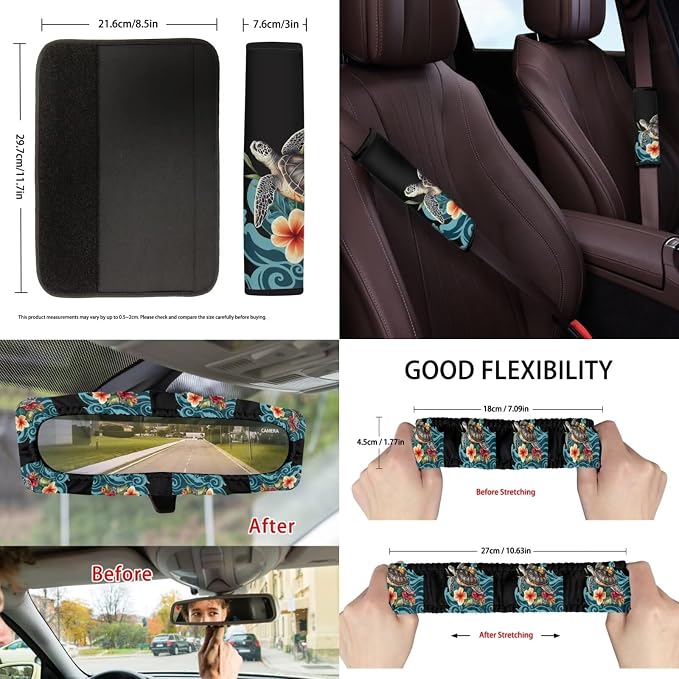 Suobstales Turtle Plumeria Sea Wave Print Car Seat Covers Set of 13 with Universal Steering Wheel Cover, Rearview Mirror Cover, Car Trash Can, Seatbelt Pads, Cup Holder Coasters, Keychains