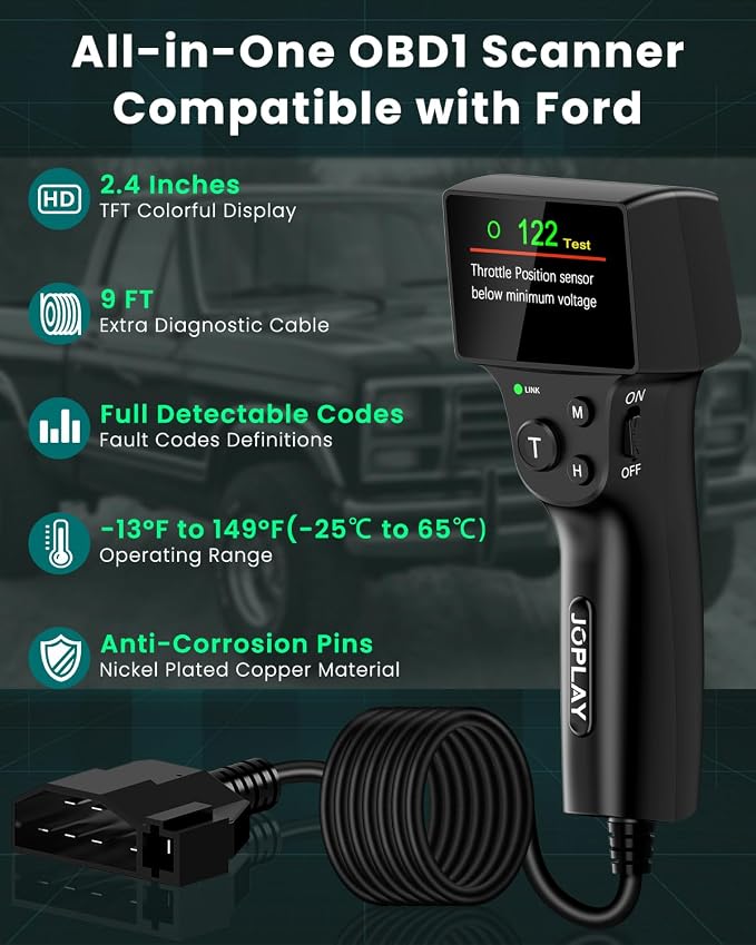 JOPLAY OBD1 Code Reader Compatible with Ford, 2 in 1 Digital OBD 1 Scanner with Built-in Reinforced Pins and 9 Feet Cable OBD 1 Scan Tool Compatible with Ford, Lincoln, Mercury from 1981-1995