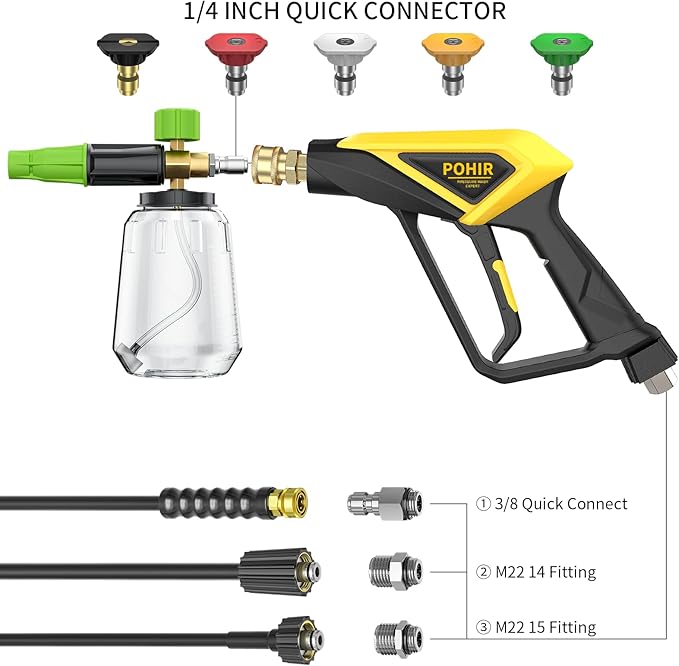 POHIR Short Pressure Washer Gun with Foam Cannon, 1/4 Inch Quick Connector, with 5 Pressure Washer Nozzle Tips 4500 PSI,Transparent 1 Liter