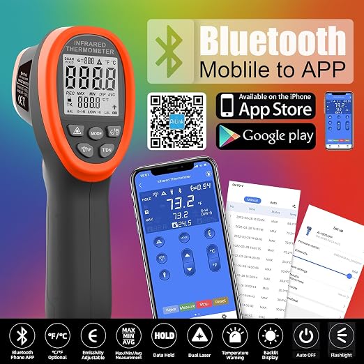 HOLDPEAK Non-Contact Infrared Thermometer with APP, High Temp Laser Temperature Gun (-58°F~2732°F), D:S=30:1, MAX/MIN/AVG/DIF, High/Low Temp Alarm, Backlight for Industrial & Home Use (NOT for Human)