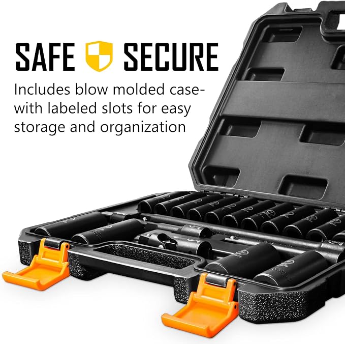 Boen 35 Pieces Impact Socket Set, 1/2 Inch Drive & 3/8 Inch Drive SAE (1/4" to 1") and Metric (10-24mm), Extension Bars, Universal Joint and Adapter, 6 Point Design, Meets ANSI Standards