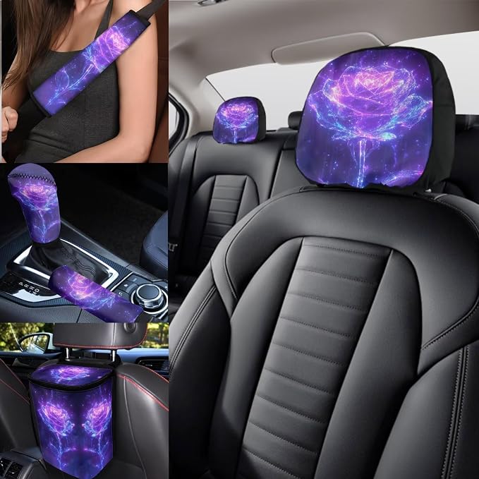 17Pcs Purple Rose Car Seat Covers Full Set with Front and Split Rear Bench,Dreamy Rose Head Rest Covers,Vehicle Trash Bag Car Interior Accessories for Women Universal Fit,Car,Truck,SUV,Van