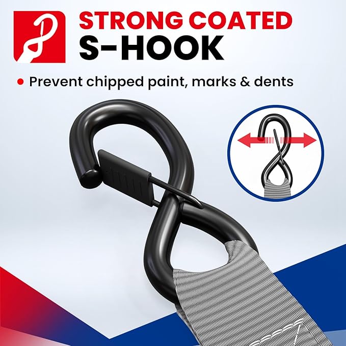 MOCA Gray Heavy Duty Ratchet Tie Down Straps - 5,200 Lbs Breaking Strength 1.6" x 8', Includes 4 Heavy Duty Ratchet Padded Handles & Coated Chromoly S Hooks & 4 Soft Loop Tie-Downs