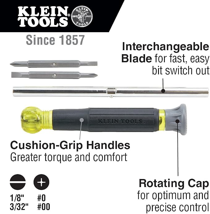 Klein Tools J2000-9NECRTP Side Cutter Linemans Pliers, 9-Inch & 32581 4-in-1 Electronics Screwdriver Set with Precision Machines Bits: 2 Slotted, 2 Phillips, and Cushion Grip Handles, 4-Piece