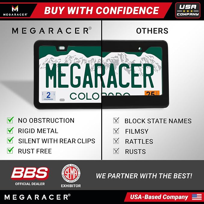 Powder-Coated Matte Black Thin License Plate Frame – 1 Piece, Car Wash Proof Stainless Steel, Rust-Free, Rattle-Free, Street Legal, Slim 2 Hole with Screw Caps, Gloss Metal Front or Rear Tag Holders