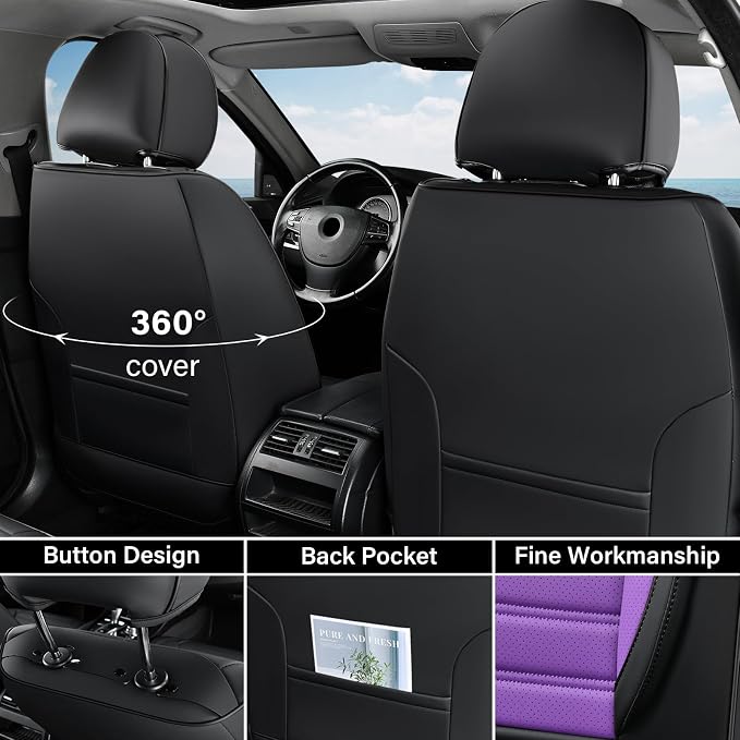 Coverado Waterproof Nappa Leather Car Seat Covers, Automotive Seat Covers，Front Car Seat Cushion & Car Seat Protector, Seat Covers Universal Fit for Most Cars, SUVs,Trucks,Black&Purpe