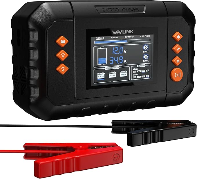 WAVLINK 450W Smart Battery Charger, Max. 35A Trickle Charger with LCD Display, for 6V/12V/24V Lead-Acid/Lithium/LiFePO4 Batteries, Battery Maintainer and Desulfurizer for Cars, Boats, Motorcycles