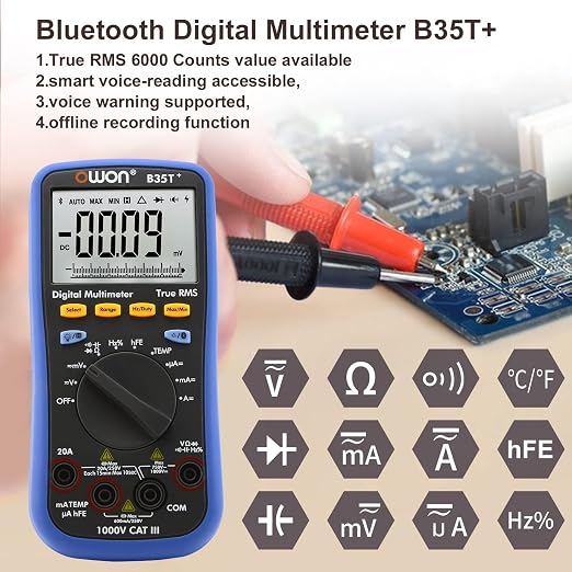 OWON B35T+ Bluetooth Digital Multimeter 6000 Count Auto Ranging Digital True RMS Smart Multimeter with Bluetooth 4.0 (Android and iOS) and Offline Data Recording Function