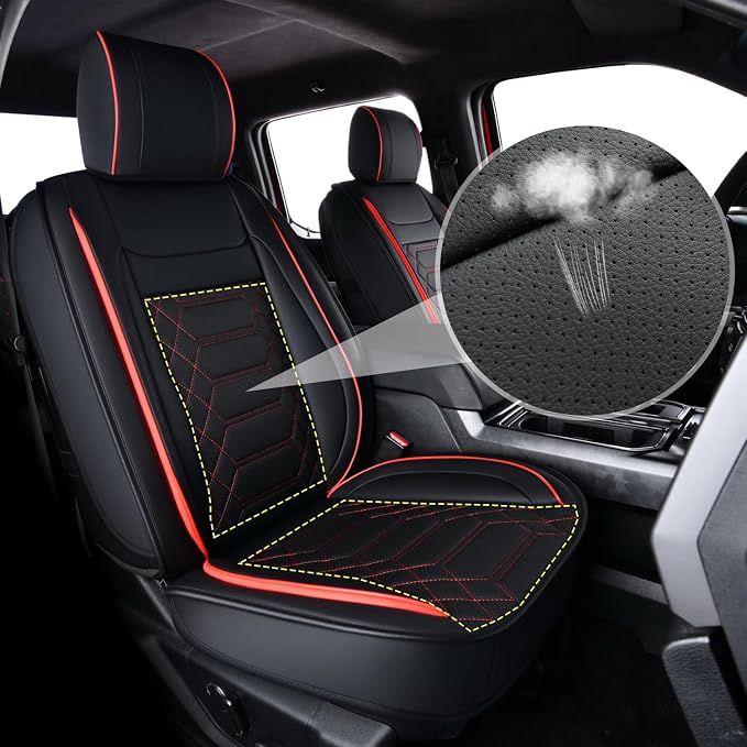 RISINGSTAR Silverado Sierra Faux Leather Seat Covers, Fit for 2019-2026 Chevy Silverado GMC Sierra 1500 and 2020-2026 2500HD 3500HD Crew Cab(Full Set, Black&Red)