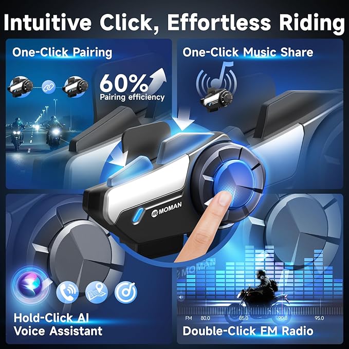 Moman Motorcycle Intercom, H2S【H2PRO Upgrade】 Motorbike Helmet Speaker 2-Way 1000M Communication Headset with Triple Noise Cancellation/Audio Multitasking/Hi-Fi/Music Sharing/FM/AI Voice, 2 Pack