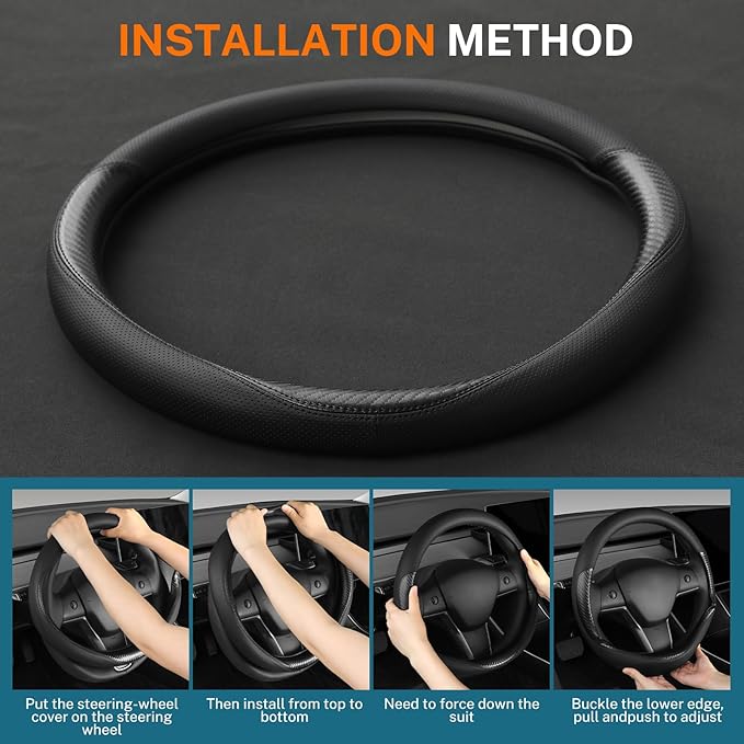 Leather Steering Wheel Cover Custom-Fit for Tesla Model 3/Y 2016-2026, Comfort Grip Design Breathable and Non-Slip, Model 3/Y Car Steering Wheel Protector, Tesla Accessories,Black(B-Style, for Tesla)