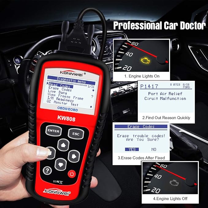 KONNWEI KW808 Auto OBDII Code Reader 2.8"Large Screen OBD2 Scanner with Full Diagnostic Scan Tool Functions Check Car Engine Light Fault Code Analyzer for All 1996 and Newer Cars with OBD II Protocol