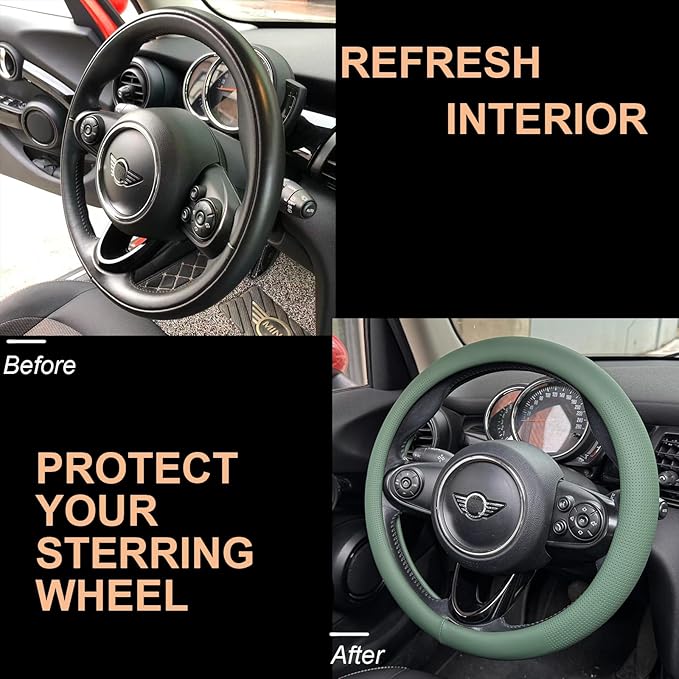 PINCTROT Nappa Leather Steering Wheel Cover, Slim Fit No Bulk Design, One Piece Leather with Breathable Perforation, Fit Like Gloves, Universal 14.5-15 Inch(Nappa Green)