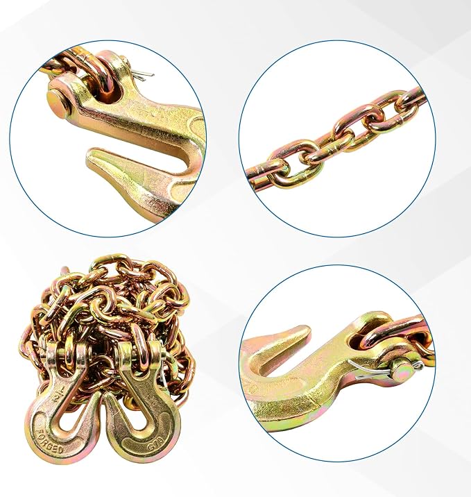 1/2 Inch x 10 Feet Transport Binder Chain G80 Safey Tow Chain with Grab Hooks 12000 Lbs Safe Work Load for Transporting Towing Tie Down Binding Equipment