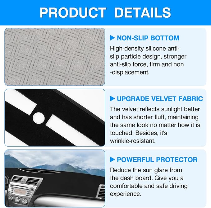 Autorder Dashboard Cover Mat for 2007-2011 Toyota Camry Accessories Dash Cover Upgrade Velvet Dash Mat Sunshade Glare UV Rays Protector