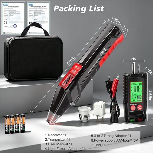 Circuit Breaker Finder with Outlet Tester, Quick GFCI, Voltage, AC 90-135V Electrical Circuit Tracer with Dual LCD Display, Batteries and Carrying Case
