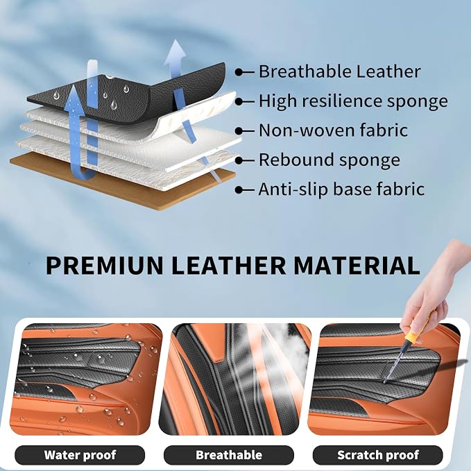 Fit Colorado Car Seat Covers Premium Leather for Chevrolet/Chevy Colorado 2016-2026. Waterproof， Breathable, Scratch-Resistant & All-Weather Seat Cushion Protector (Full Set, Orange&Black)