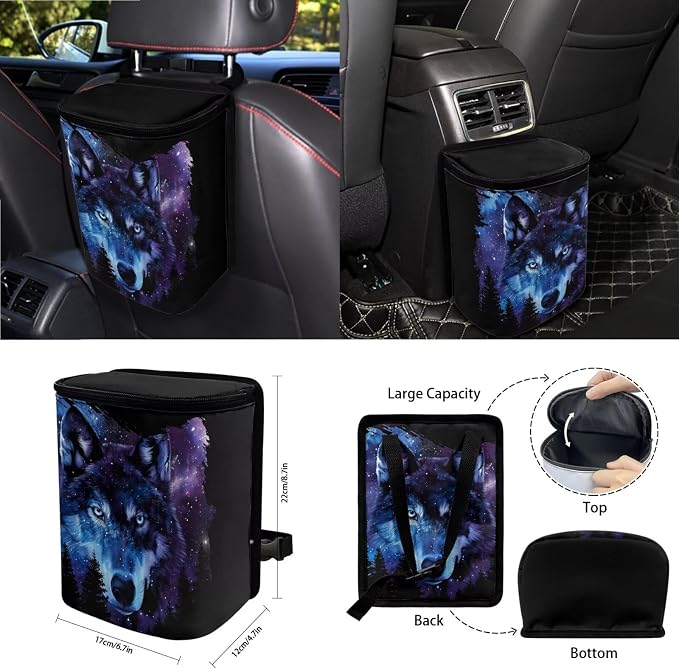 3D Galaxy Wolf Printed 15 Pack Car Seat Cover Set with Steering Wheel Seat Belt Strap Rearview Mirror Cover Garbage Cans Air Vent Pouch Coasters Keychain Universal Fit for SUV Sedans