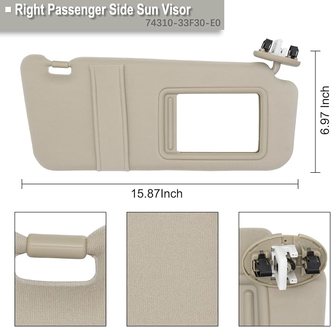 NHILES Right Passenger Side Sun Visor Fits for Toyota Camry 2007 2008 2009 2010 2011 Replacement Sun Shade with Light # 74310-33F30-E0 (Beige)