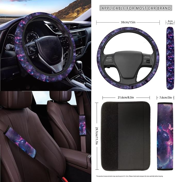 Starry Cat Print Car Seat Covers Full Set with Accessories for Women, Decorative Auto Accessories Include Steering Wheel Cover Safety Belt Pads Rearview Mirror Cover Cup Mats